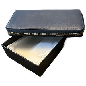 MCM Long Blue Zip Wallet with Dustbag and box.